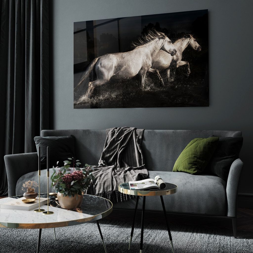 Üveg Falikép 80x120 cm, fekete-fehér lók - LES CHEVAUX - Butopêa termék 2. képe